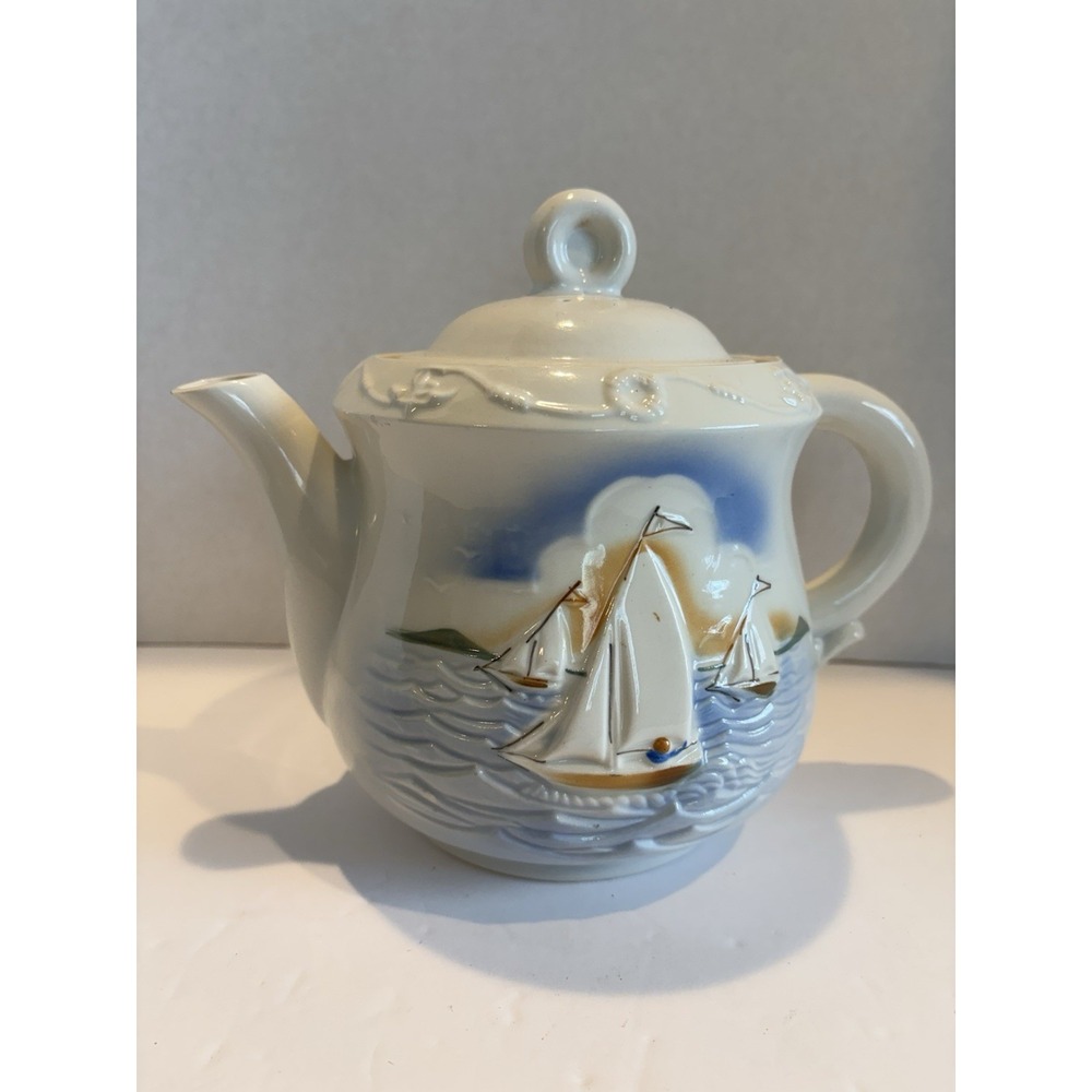 Vintage Nautical Porcelier Tea Pot w/ Lid Sailboat Vitreous China Made in USA
